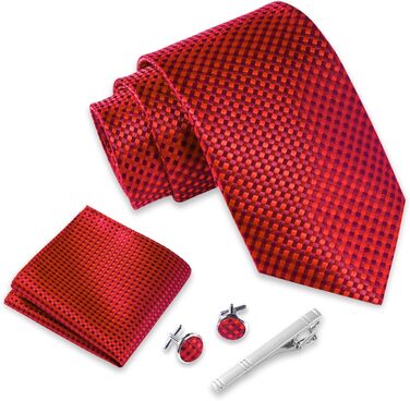 Набір краваток Massi Morino для чоловіків (краватка, нагрудна хустинка, краватнова голка, запонки, подарункова коробка) - червоний у клітинку, для весілля