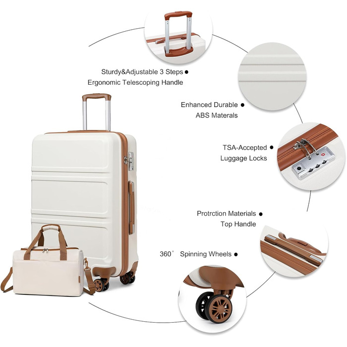 Набір валіз та сумок KONO: ручна валіза 55 см + сумка для ручної поклажі Ryanair (40x20x25 см), кремовий