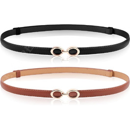 2 жіночі шкіряні ремені Skinny: чорний+білий та чорний+коричневий. Вузький тасьовий ремінь з металевою блискавкою для суконь та пальто