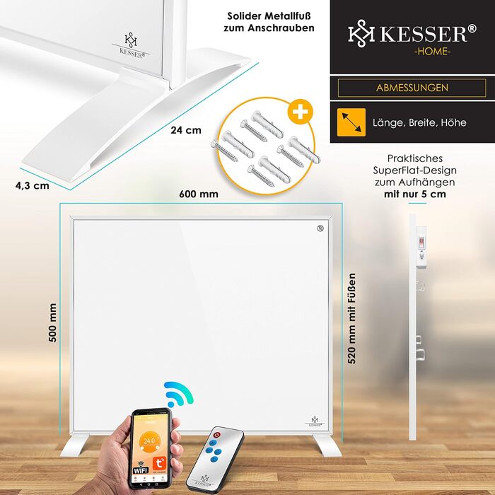 Інфрачервоний обігрівач KESSER 350Вт, енергоощадний, настінний і підлоговий, з термостатом, пультом та керуванням через додаток, електрична панель конвектор, білий