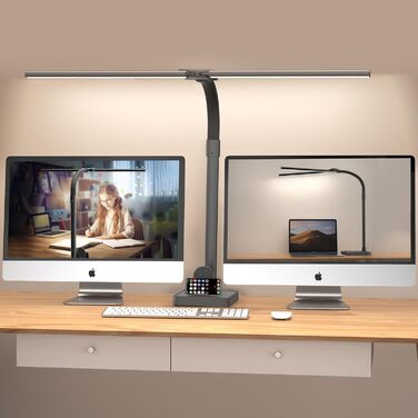 Світлодіодна лампа для столу Doppelkopf з регулюванням яскравості, 24W, 80см, для дому/офісу, денне світло, лампа для столу з шийкою-лебедем (чорна, з підставкою для телефону)