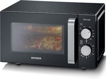 Мікрохвильова піч Severin 2-в-1 з грилем, 20 л, чорна, MW 7762. Функція гриля, плоский скляний стіл, XXL-об'єм для прямокутного посуду, легке очищення.