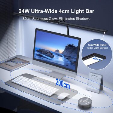 LED лампа настільна з регулюванням яскравості - 1500LM 24W, кріплення-прищіпка, з пультом, гнушкий 80см шнур, USB-порт, для офісу та дому (Чорний)