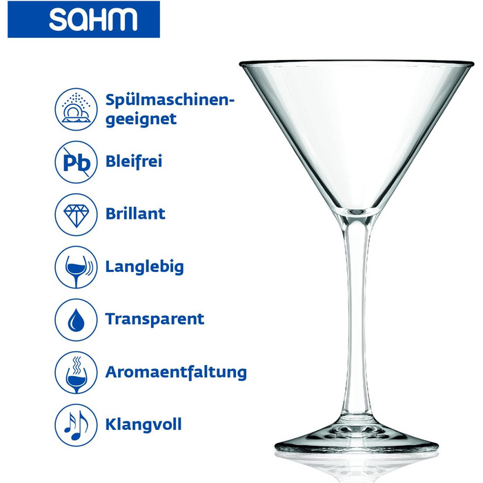 Набір склянок для Мартіні Sahm 6 шт. - 240 мл, оригінальні, високої якості, придатні для миття в посудомийній машині, набір коктейльних склянок, класична чаша для коктейлів 6 штук (упаковка 1 шт.)