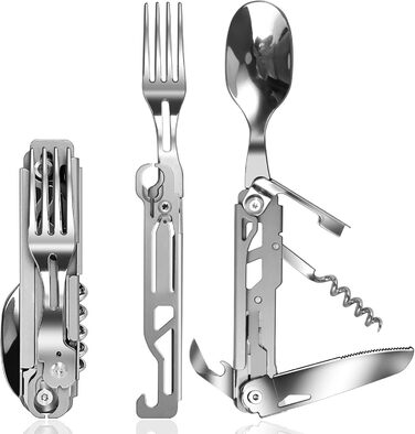 Німецький столовий прилад з нержавіючої сталі 5 в 1: ніж, виделка, ложка, набір для кемпінгу, туристичний посуд, портативний, з мішечком, для відпочинку на природі