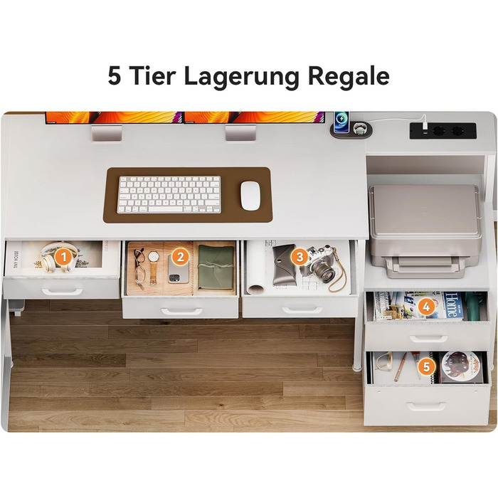 Комп'ютерний стіл Coleshome з 5 шухлядами та 4 полицями 180x100 см, L-подібний стіл з LED-підсвіткою, розетками та USB, великий стіл для home office, білий