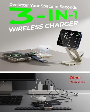 Зарядний пристрій 3-в-1 LULULOOK Ultra Kompakt Qi2.2 25W MagSafe для iPhone 17/16, Apple Watch та AirPods, GaN 45W, Титан