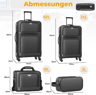 Набір валіз KESSER® 4-в-1 | Тріумф у подорожах: комплект з валізи-тролі, тканинної валізи, косметички та великої валізи для бізнесу та подорожей | Антрацит