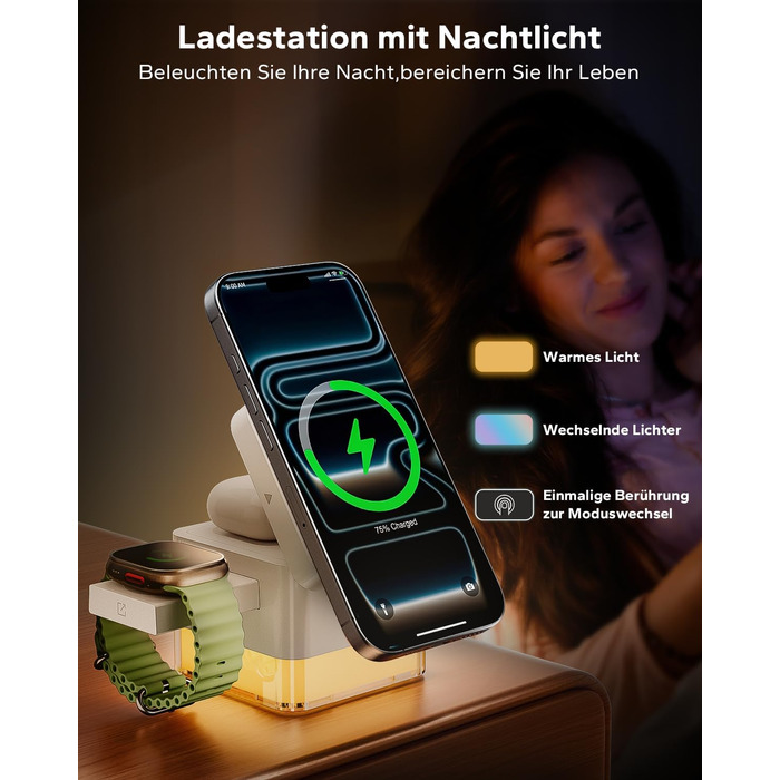 База для зарядки Apple Watch та iPhone MagSafe 3-в-1, куб сірого кольору, сумісна з iPhone 17/16/15/14/13/12/Air/Pro Max, Apple Watch 11/10/9, AirPods