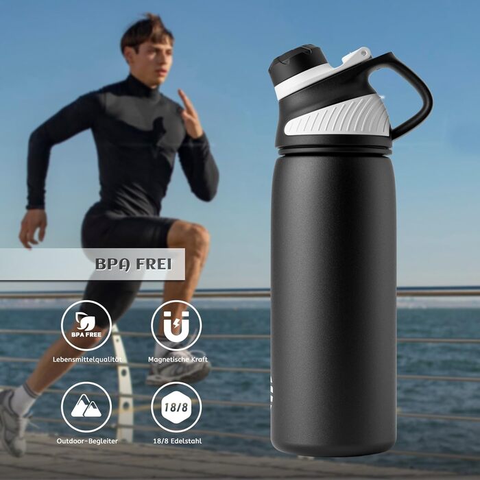 Фляга спортивна Fjbottle Edelstahl 600 мл з магнітною кришкою, нержавіюча сталь, BPA-free, для школи, фітнесу, чорна