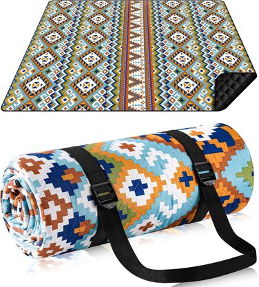 Килимок для пікніка SOMLAW вологостійкий, великий (200x200 см) для 4-6 осіб, з ручкою, Boho стиль, ідеальний для кемпінгу та пляжу