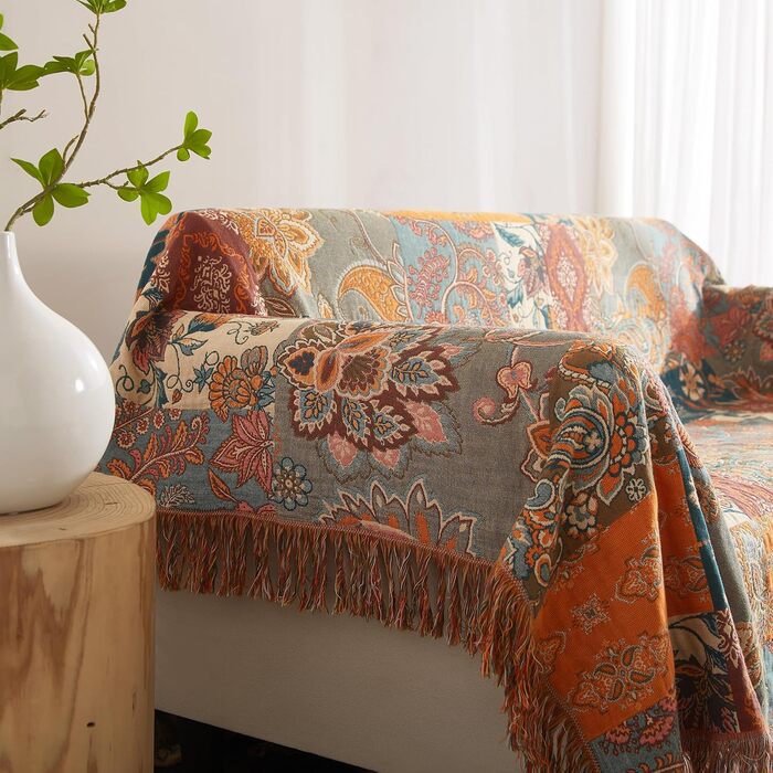 Богемна ковдра Boho Decke 100% бавовна – двостороння муслінова ковдра 150x200 см, м'яка ковдра для дивану та покривало на ліжко, естетичний дизайн, ідеально для вітальні та спальні, помаранчевий/зелений 150 x 200 см з квітковим візерунком