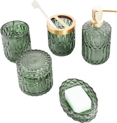 Набір аксесуарів для ванної кімнати з 5 предметів: дозатор для лосьйону, дозатор для мила, тримач для зубних щіток, склянка, ватний диск, склянка.