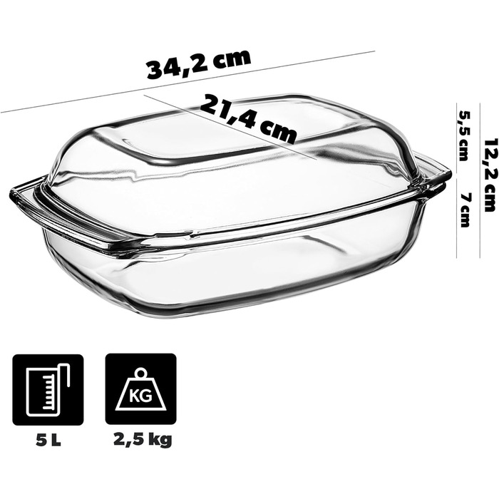Форма для запікання KADAX 5л зі склокераміки з кришкою та ручками – прямокутна, жароміцна посудина для тушкування та випікання, ідеальна для лазаньї, м'ясних страв, підходить для духовки та електроплити 5л