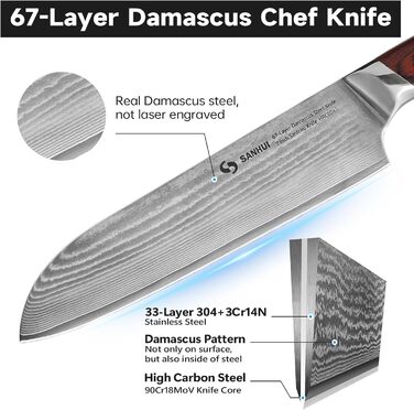 Кухонний ніж Damast Profi - ніж Santoku з дамаської сталі (67 шарів), ручка Pakkawood, подарункова коробка - професійний ніж для кухні 7 дюймів