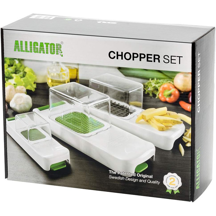 ALLIGATOR 3002 - 3-in-1 Multifunction Cutter - Vegetable, Onion, and French Fry Cutter - 3 Interchangeable Blades - 3x3 mm, 6x6 mm, 12x12 mm - BPA-free - White and Green