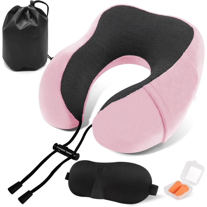 Подушка для шиї у вигляді їжачка Memory Foam для подорожей на літаку/автомобілі. З навушниками, маскою для очей та сумкою. М'яка, дихаюча. Рожева.