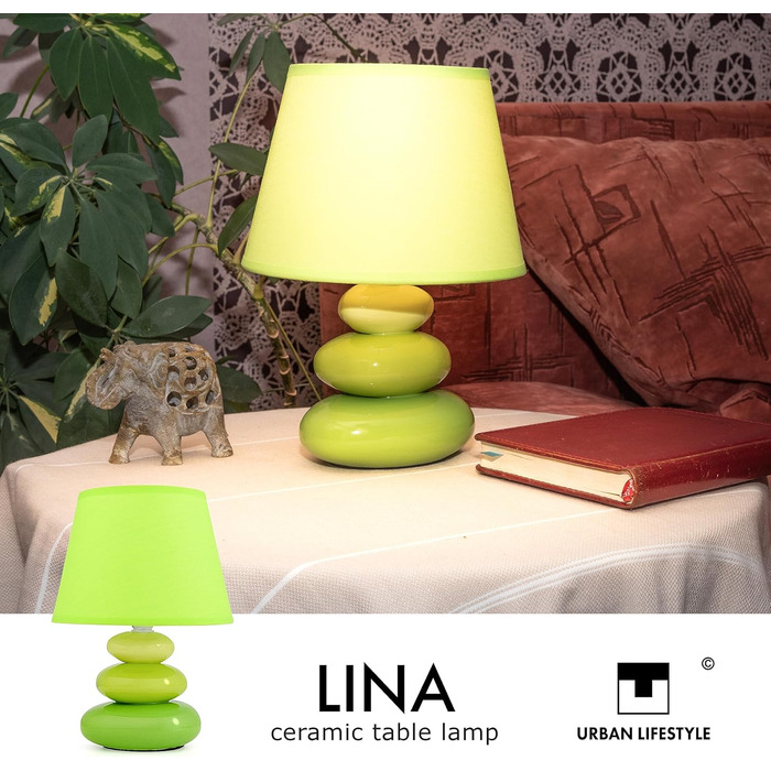 Торшер 'Ліна' - керамічна настільна лампа з абажуром з тканини, сумісна з LED, цоколь E14, 230V, зелений колір
