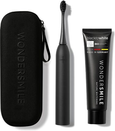 Електрична зубна щітка Wondersmile PRO - Тест-переможець 2025 - 100 днів без ризику - TÜV-сертифікована, 4 режими, акумулятор 60 днів, смарт-насадка, 1 шт. (Ultimate Black Bundle)