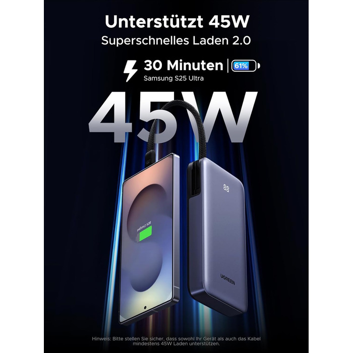 Power Bank UGREEN 20000mAh 45W з USB-C кабелем та швидкою зарядкою PD, сумісний з iPhone, iPad, Samsung Galaxy, ноутбуками