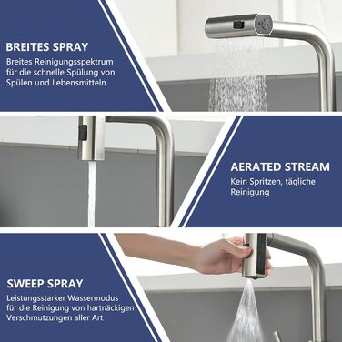 Кухонний змішувач AIMADI висувний з 3-ма режимами, з душовою насадкою, 38 см, однорідний, для холодної та гарячої води, для раковини та кухонного острова, з нержавіючої сталі, водоспад, матовий нікель