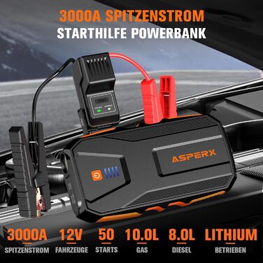 Powerbank Starthilfe AsperX 3000A: Зарядний пристрій для автомобіля 12V з кабелями, LED ліхтариком, IP64, для авто, вантажівок, мотоциклів