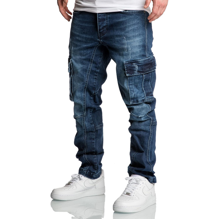 Чоловічі джинси карго Amaci&Sons Regular Slim 7977 темно-сині, розмір 36W/32L, з потертостями