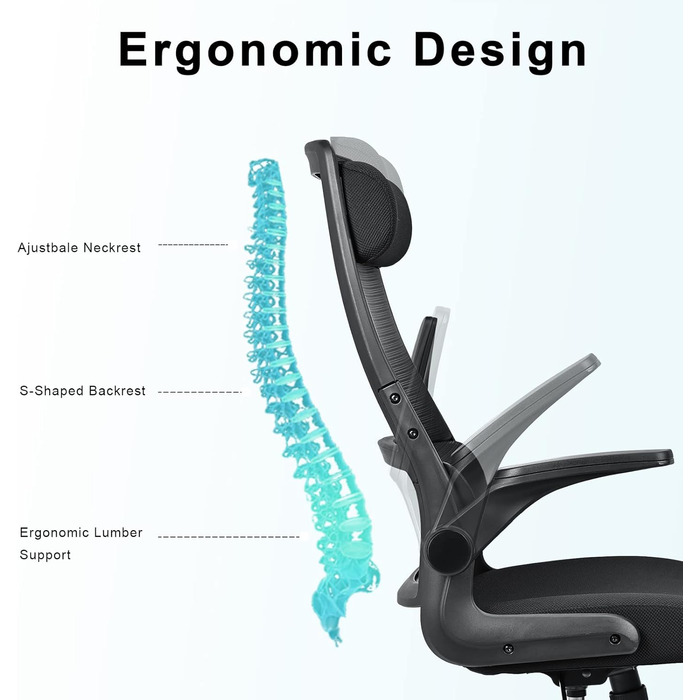 Ергономічне крісло для офісу з регульованою підголовником, офісне крісло з сітки, відкидні підлокітники, широке сидіння, функція гойдання, комп'ютерне крісло EN 1335, офісне крісло 200 кг, чорне