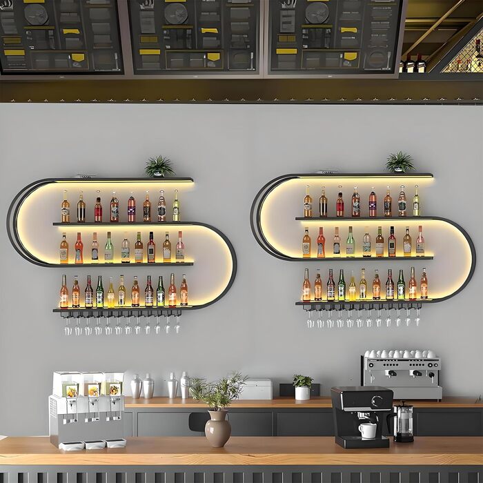 Настінна вітрина для вина, напівкругла багатоярусна з гачками для келихів, металева вітрина для винних пляшок, для кухні, бару, кафе (без лампочок) (Чорний, 120 * 20 * 120 см)