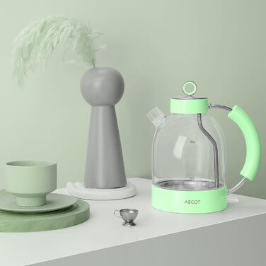 Електричний чайник ASCOT зі скла та нержавіючої сталі, 2200W, 1.5L, без BPA, тихий, швидкий, бездротовий, з захистом від сухого кипіння та автовимкнення, білий (світло-зелений)
