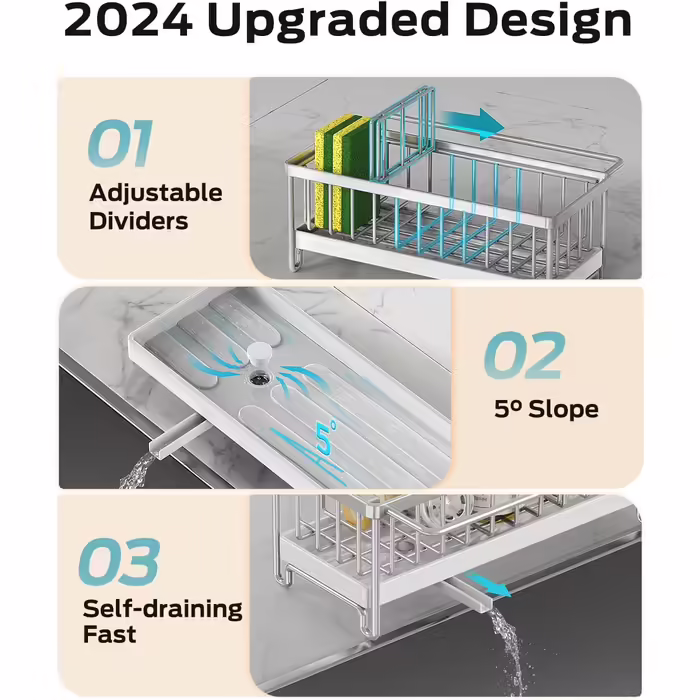 Kitchen Sink Organizer, Sponge Holder for Kitchen Sink with Automatic Draining Basket, Dish Towel Hanger, Stainless Steel 304, Dish Organizer, Soap Dispenser, Storage