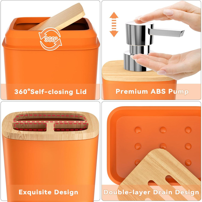 Набір аксесуарів для ванної кімнати, 9 предметів: сміттєвий кошик, тримач для зубних щіток, стакан для зубних щіток, дозатор для лосьону/мила, тумбочка для раковини, мильниця, щітка для унітазу, тримач для ватних паличок (Помаранчевий, Комплект для ванни 