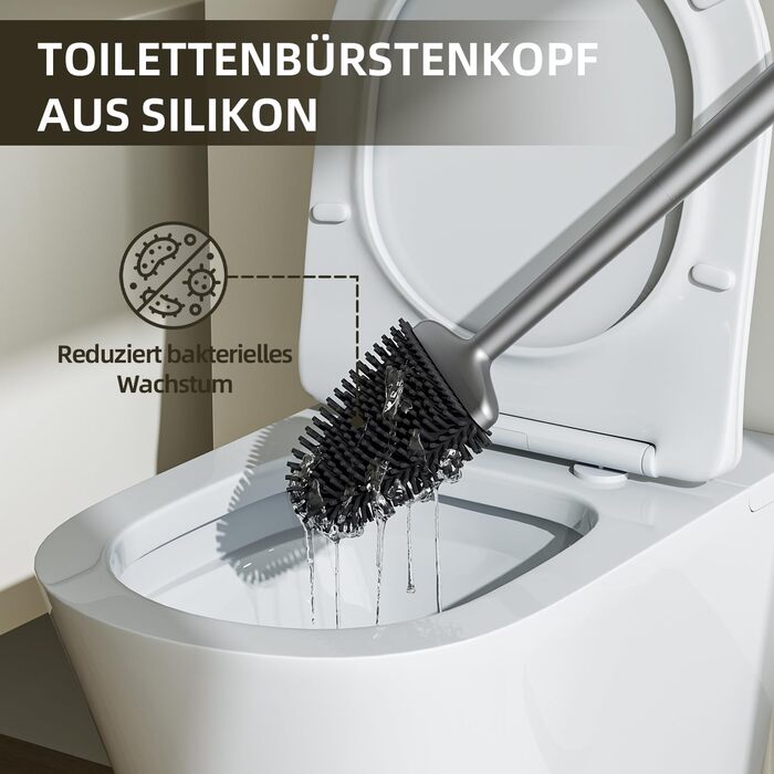 Щітка для унітазу ASOBEAGE з силікону: гнучкий наконечник, ручка з нержавіючої сталі, настінний кріплення, швидковисихаючий тримач для прибирання ванної кімнати (Чорний) (Сірий, 1 шт.)