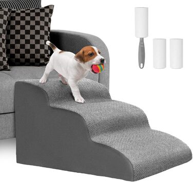 Dog stairs for small dogs, 3 steps pet stairs, cat stairs, sponge dog ramp for sofa bed, dog steps with removable cover, washable pet ladder, lint roller included, grey