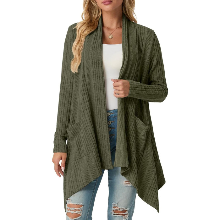 Жакет GRECERELLE з довгими рукавами, легкий в'язаний кардиган з кишенями, м'який, з асиметричним кроєм (M, хакі)