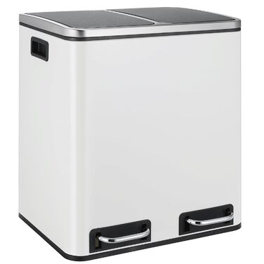 Відро для сміття LIFERUN з двома відсіками, 2 x 15 літрів, з металу, з м'яким закриттям кришки, знімний внутрішній відро, ручки, педальний відро, для квартири, невеликої сім'ї (білий)