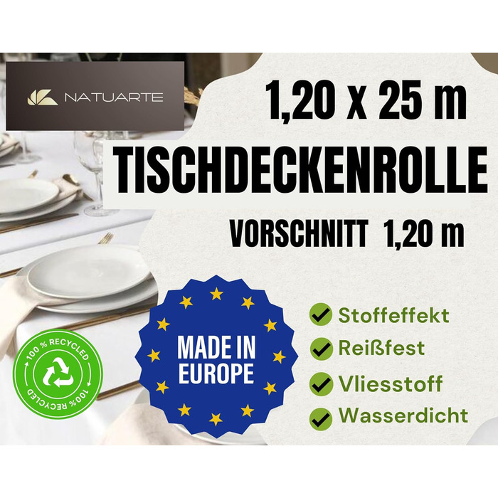 NATUARTE Tablecloth Roll, 1.20m x 25m, PRE-CUT every 1.20m, Fabric-like Nonwoven Tablecloth, Disposable, For Celebrations, Birthday Party Events, Beige 1.20x25m