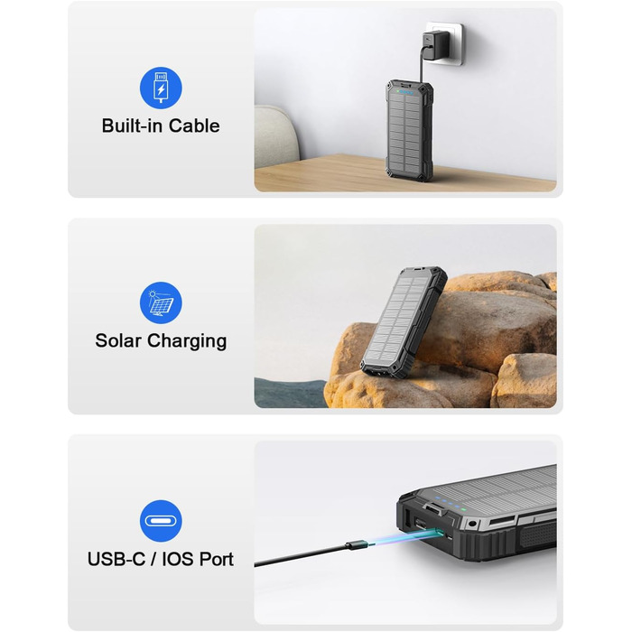 Сонячний повербанк 26800 mAh з 4 кабелями, швидка зарядка USB-C, Qi бездротова зарядка, LED ліхтарик – для телефонів, планшетів, кемпінгу (Чорний)