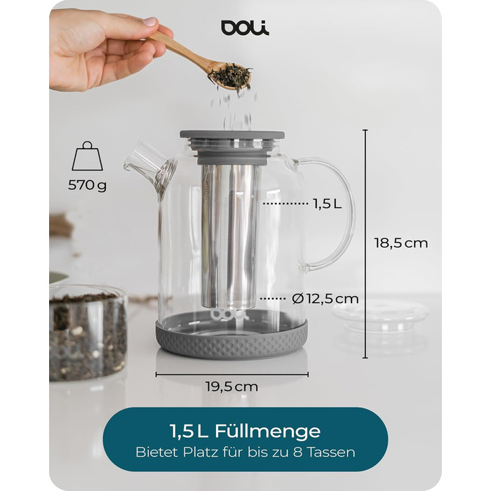 Скляний чайник Doli 1,5 л з сіткою з нержавіючої сталі, чорний — для гарячих та холодних напоїв, підходить для посудомийки, BPA-free