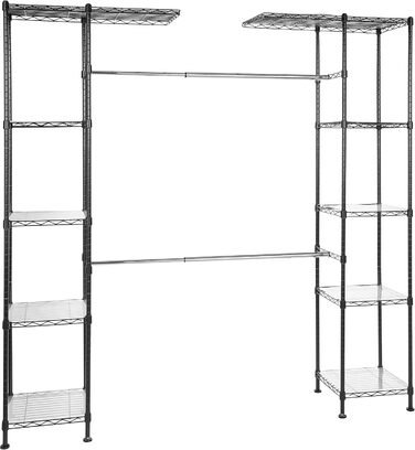 Amazon Basics Extendable Open Closet with 10 Height-Adjustable Shelves - Maximum Weight 521 kg, Black, 144.8 - 203.2 x 35.6 x 182.9 cm