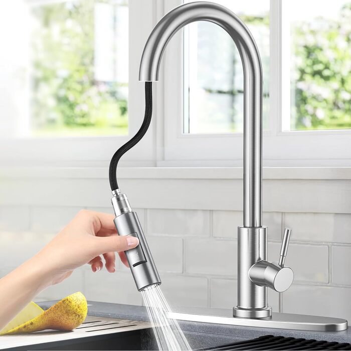 Кухонний змішувач Wasserhahn з висувною лійкою, поворотний на 360°, 2 функції, однорідний, для кухні (сріблястий)