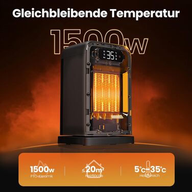 Портативний обігрівач FLANUR з термостатом, 1500W, PTC-кераміка, ECO-режим, 2-в-1, цифровий дисплей, таймер 12 годин, тихий (35dB), білий, 1 шт + 2 режими (чорний)