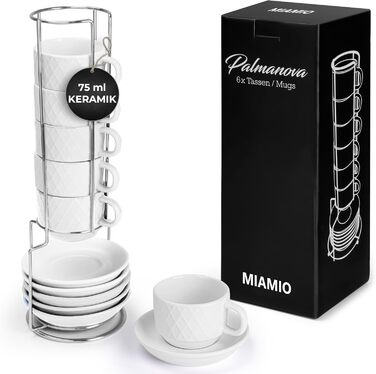 MIAMI – 6 x 75 ml Espresso Cups/Espresso Cup Set with Stand Stoneware Ceramic - Palmanova Collection (White)
