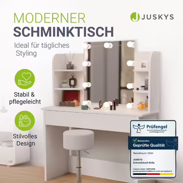 Косметичний стіл Juskys Bella з LED підсвічуванням, дзеркалом, шухлядою та 4 полицями, 108x40x140 см, білий, дерев'яний туалетний столик