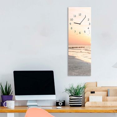Скляний настінний годинник Beach 20x60 см, безшумний, жовтий, для вітальні, металеві стрілки, сонце, море, виготовлено в ЄС
