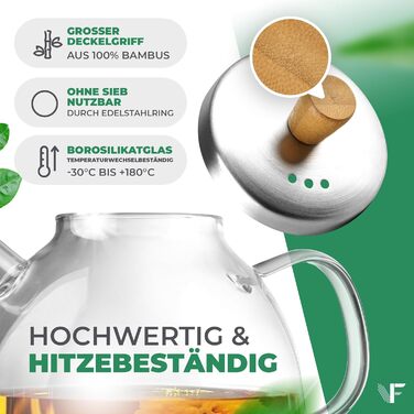 Neighbour's Friend® 1.5 L Glass Teapot for Loose Leaf Tea & Tea Bags - Teapot with Infuser Insert, Large, Drip-Free - 3-Piece Stainless Steel Infuser with Bamboo Lid Handle - Dishwasher-Safe Glass Teapot