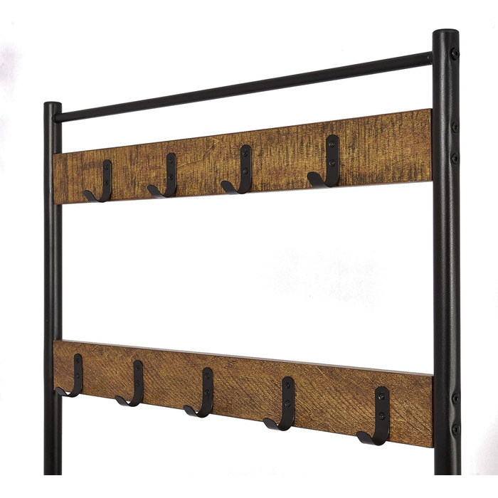 Mondeer Coat Rack, Shoe Rack with Coat Rack, 3 Shelves and 9 Detachable Hooks, Industrial Design, Metal and Wood Construction, 70 x 32 x 175 cm, for Entryway, Brown