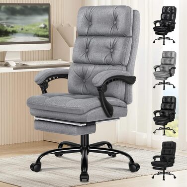 Офісне крісло ALFORDSON з регулюванням нахилу 150°, обертання 360° та підставкою для ніг, PU-шкіра, глянцево-чорний (Palmer - сірий льон)