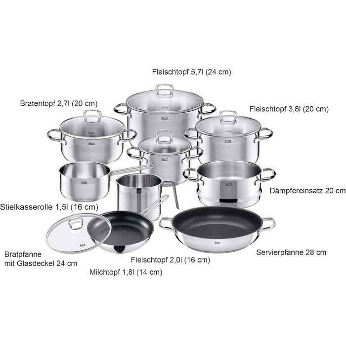 Silit Tuscany Cookware Set, induction-compatible, 10-piece, saucepan set with glass lid, induction saucepans, milk pot, steamer insert, frying pan, stainless steel, partially matte, induction cookware set, uncoated, single