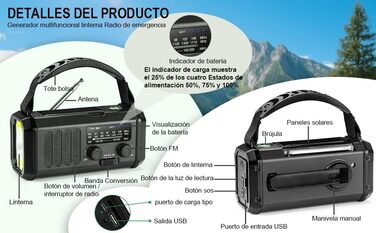 Радіостанція на сонячній батареї з живленням від ручки, 20000 mAh, SOS-сигнал, FM/AM, ліхтарик, компас, для кемпінгу та надзвичайних ситуацій (Чорний)